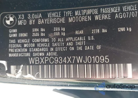 2007 BMW X3 3.0Si z USA, uszkodzony, nr VIN WBXPC934X7WJ01095